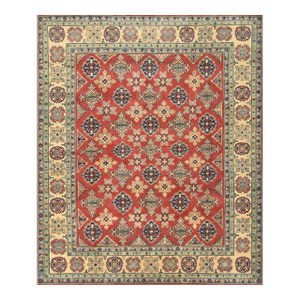 Kazak Rug 8'1'' X 9'7'' Red Wool Geometric Hand-Knotted Oriental Carpet
