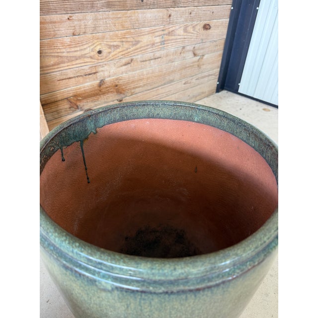 1990s Large Green Drip Glaze Ceramic Planters on Cast Stone Pedestals-Pair For Sale - Image 5 of 12