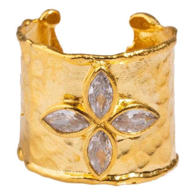 Diamond & Gold Band Floral Chunky Cuff Ring, Size 4 For Sale