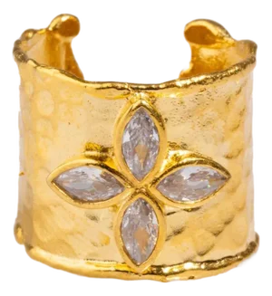 Diamond & Gold Band Floral Chunky Cuff Ring, Size 4