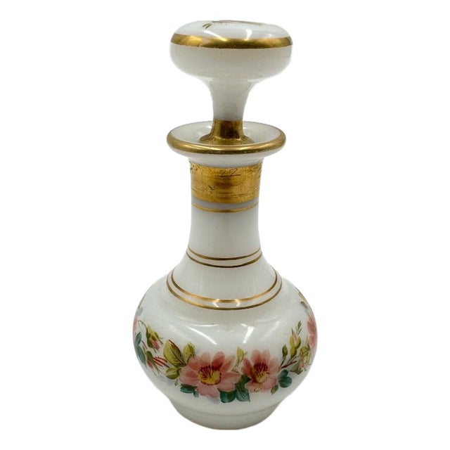 Antique Opaline Perfume Bottle Decorated with Painted Flowers, 1890s For Sale