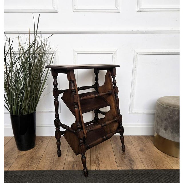 Mid-Century Italian Carved Walnut Wood and Leather Folding Three-Step Library Ladder, 1950s For Sale - Image 3 of 8