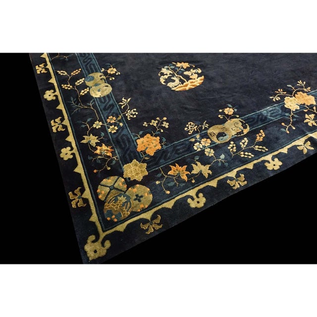 Large Size 1920s Blue Navy Antique Chinese Bat and Reindeer Design Peking Rug For Sale - Image 4 of 9
