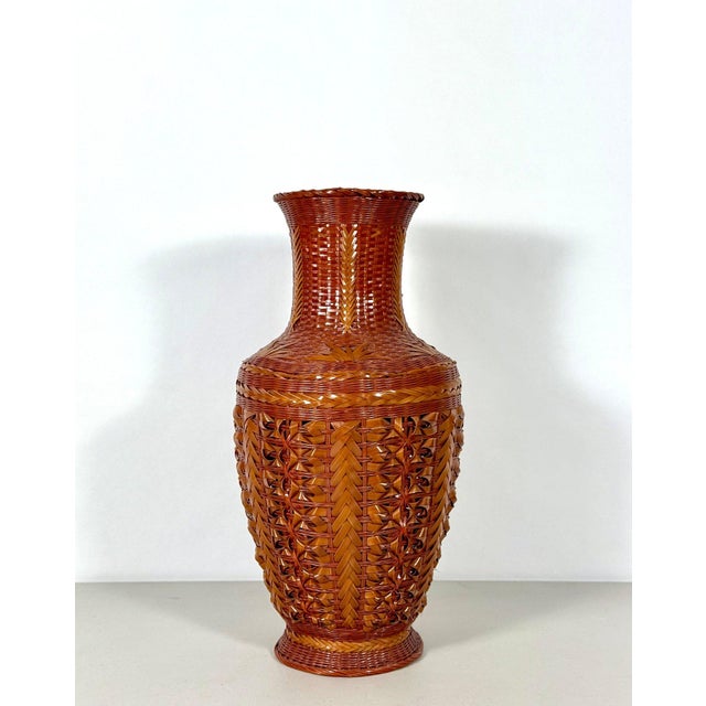Large Vintage 14" Hand-Woven Bamboo & Porcelain Shanghai Vase For Sale - Image 9 of 12