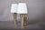 Single modernist two-light wall sconce in brass-toned metal. A shaped rectangular backplate and arched arm carry two...