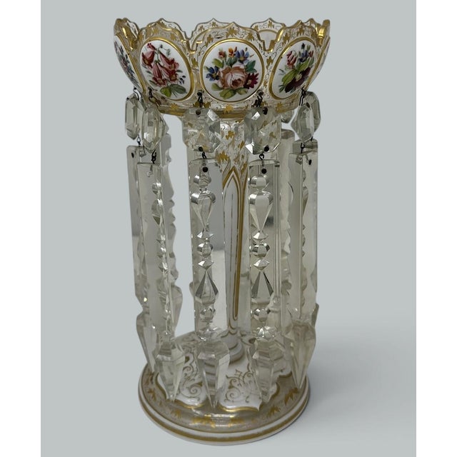 Art Nouveau Antique Crystal Glass Bohemian Enamel Pair Overlaid Lusters Candlesticks 19thCt For Sale - Image 3 of 10