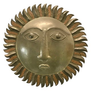 Sergio Bustamante-Style Brass and Copper Sun Wall Sculpture, 1970s For Sale