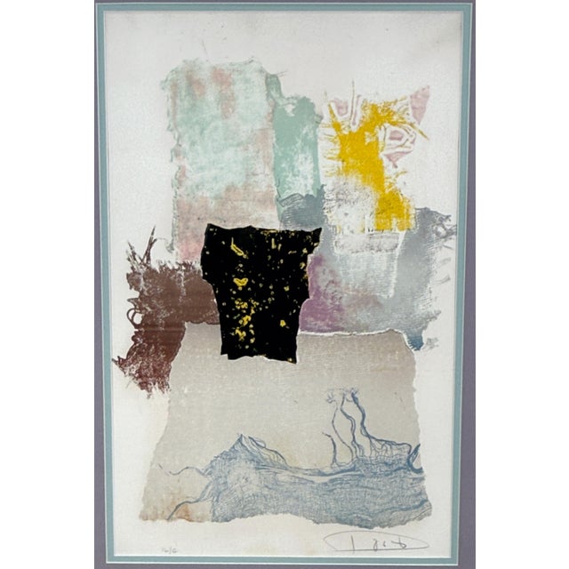 This abstract lithograph is by Hungarian-American artist László Dús. The work features overlapping gestural forms in blue,...