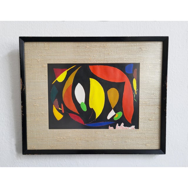 Lovely set of 3 colourful modernist abstract paintings by Austrian painter Irene Hartlmayr, framed, with a label on the...