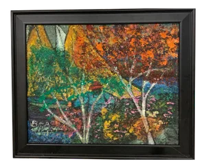 Mid 20th Century "Red Maple" Expressionist Folk Art Style Tree Landscape Oil Painting by Bea Haverbusch, Framed