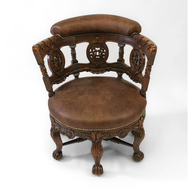 19th Century Carved Oak and Leather Burgermeister Chair For Sale - Image 9 of 14
