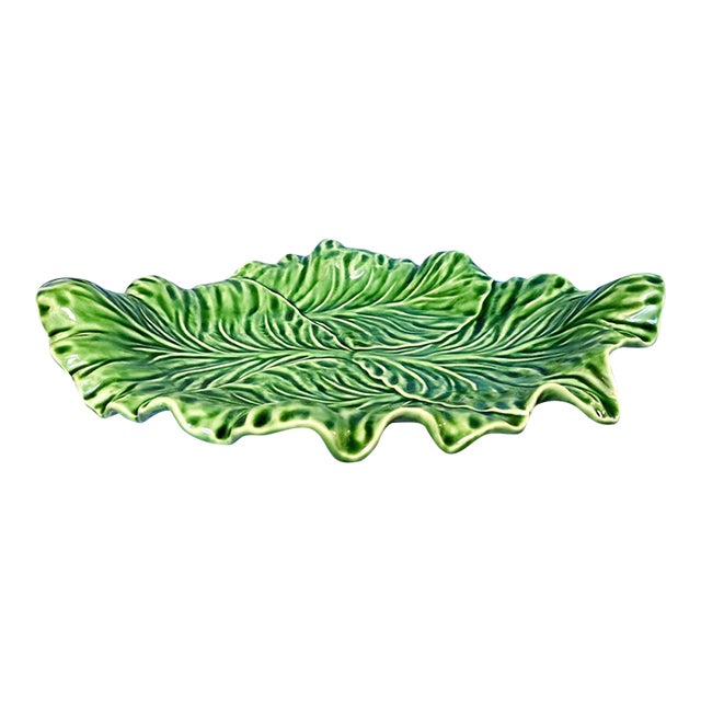 Late 20th Century 17" Portugese Cabbageware Leaf Tray Trompe l'Oeil Majolica For Sale
