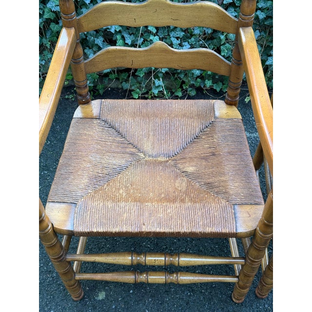 Brown Pair of Rustic English Country Ladder-Back Armchairs With Woven Rush Seats For Sale - Image 8 of 12