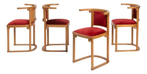 Art Nouveau Fledermaus Dining Chairs in Wood and Red Velvet by Josef Hoffmann for Wittmann, Austria, 1907, Set of 4