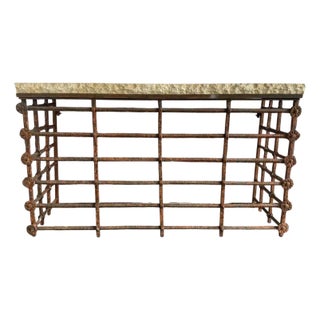 Rustic Console Table With Textured Stone Top and Hand-Forged Iron Base For Sale
