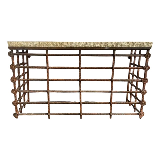 Rustic Console Table With Textured Stone Top and Hand-Forged Iron Base For Sale