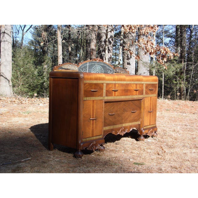 Vintage Walnut Art Deco Waterfall Buffet Server Sideboard Credenza