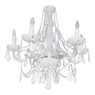 Hollywood Regency Chandelier in White Pigment Glass and Jewel Pendants For Sale