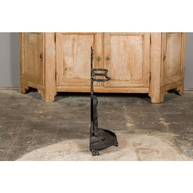 English Iron Umbrella Stand Depicting a Dog Sitting in front of a Tree For Sale - Image 4 of 11