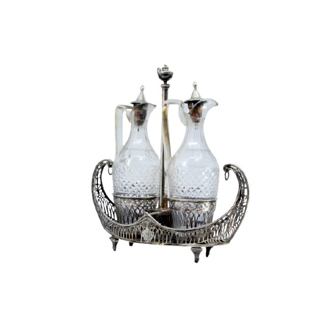 Cruet with Silver Structure Cut Into the Shape of Nave with Two Cut Glass Cruets on Four Raised Feet and Silver Lid Support For Sale - Image 11 of 11