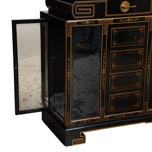 Black Lacquered & Gilt Decorated Details /Green Leather Top Sideboard / Server For Sale - Image 11 of 12
