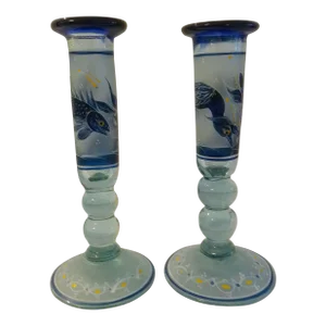 Vintage Mexican Hand-Painted Glass Heron & Fish Candle Holders, a Pair