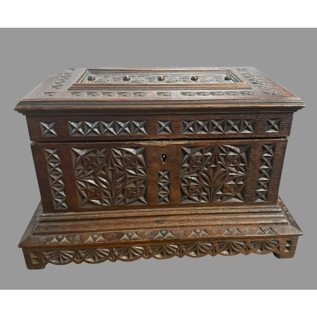 Brown Antique Folk Art Chip Carved Wood Box Tramp Art Jewelry Casket Box 15.5” Wide For Sale - Image 8 of 12