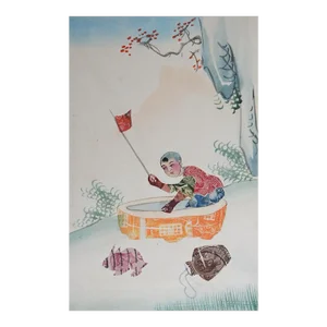 Vintage Chinese Collage With Stamps Postcard Boy and Rabbit