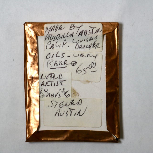 Mid-Century Miniature Portrait of Young Woman With Dog Signed Austin in Pressed Filagree Metal Frame For Sale - Image 11 of 11