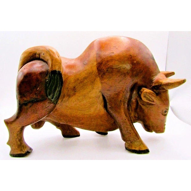 Mid-Century Modern Large Vintage Mid-Century Modern Hand Carved Wood Bull Sculpture For Sale - Image 3 of 11