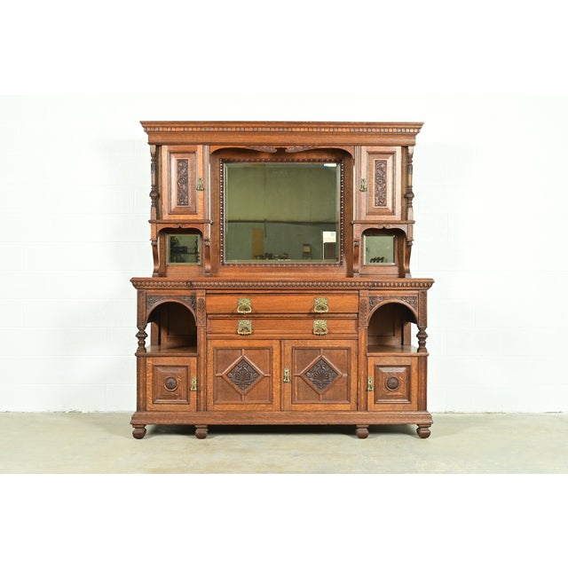 Herter Brothers Style Antique English Victorian Carved Oak Mirrored Back Bar or Sideboard, Circa 1890s For Sale - Image 12 of 12