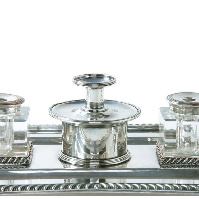 English Early 1900s English Silver Plate Inkstand With Glass Inkwells For Sale - Image 3 of 6