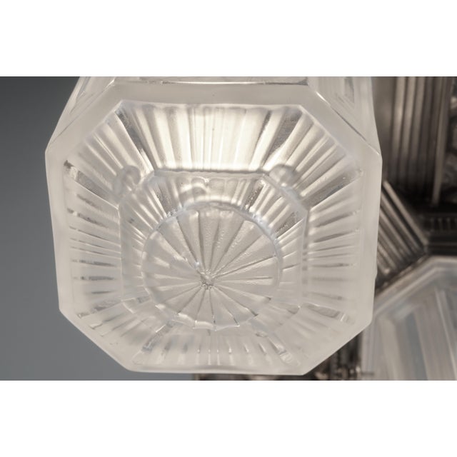 Hettier & Vincent French Art Deco Chandelier 1930s - Geometric Glass & Nickeled Bronze For Sale - Image 13 of 13