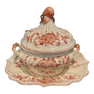 Vintage Italian Hand Painted Tureen With Underplate and Ladle For Sale