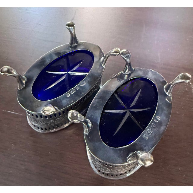 Antique Birmingham Sterling Silver Salt Cellars Cobalt Blue Crystal Insert Pair For Sale - Image 4 of 6