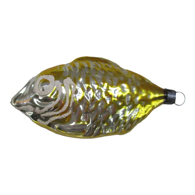 Antique Christmas Blown Mercury Glass Yellow With Mica Fish Feather Tree Ornament For Sale