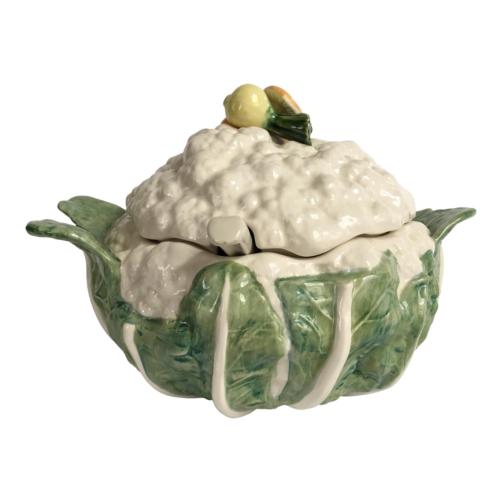 Late 20th Century Majolica Cauliflower Shaped Soup Tureen & Ladle, Made