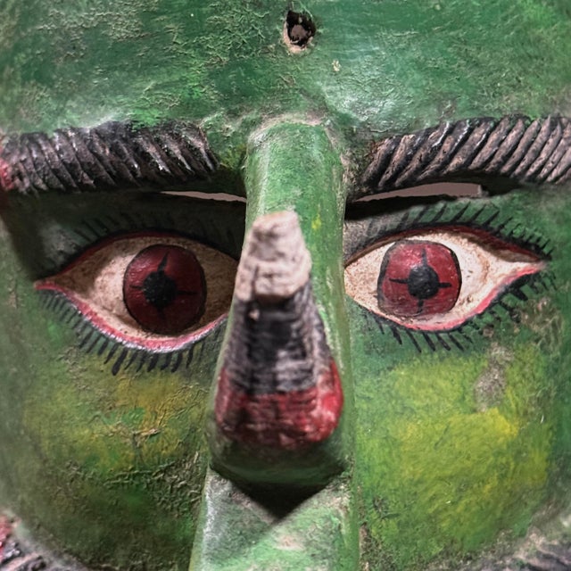 1930s Antique Folk Art Polychrome Caiman Guerrero Green Horned Bearded Man Mask For Sale - Image 5 of 7