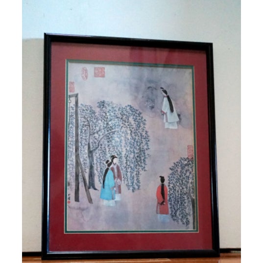 These are two paintings depicting figures in a natural landscape setting among trees and other graden settings. Based on...