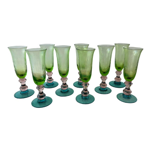Anthropologie Galleria Champagne Flutes Pink, Blue & Green Optic Swirl- Set of 11 For Sale