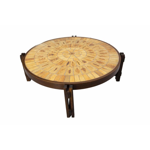 French Round Coffee Table with Herbarium Faience Top by Roger Capron for Vallauris, 1960s For Sale - Image 4 of 10