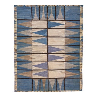 2020s Flatweave Modern Deco Kilim Wool Rug in Brown/Blue For Sale