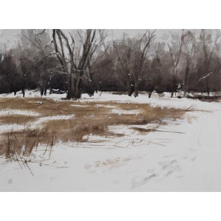 Path Forward by Mo Myra | Varnished Watercolor on Paper of a winter landscape with trees and snow For Sale