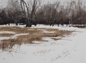 Path Forward by Mo Myra | Varnished Watercolor on Paper of a winter landscape with trees and snow