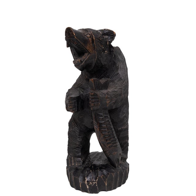 Vintage Japanese Wood Carving of Ainu Bear Holding Fish, Japan, 1950 For Sale - Image 6 of 11