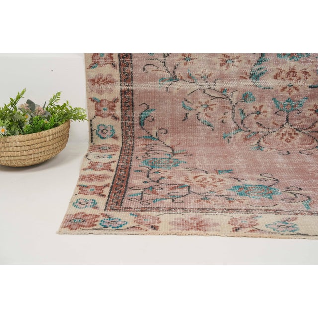 1970s Vintage Turkish Handmade Wool Cotton Pink Area Rug For Sale - Image 4 of 12