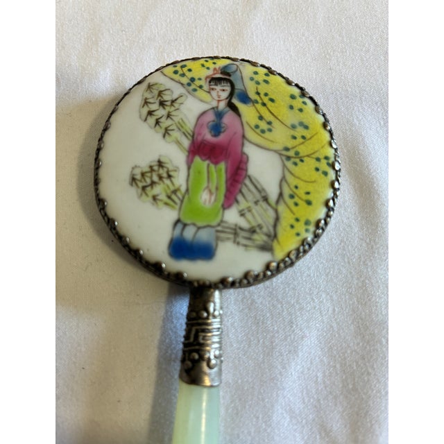 Vintage Hand Mirror With Jade Handle & Hand-Painted Asian Scene For Sale - Image 9 of 11