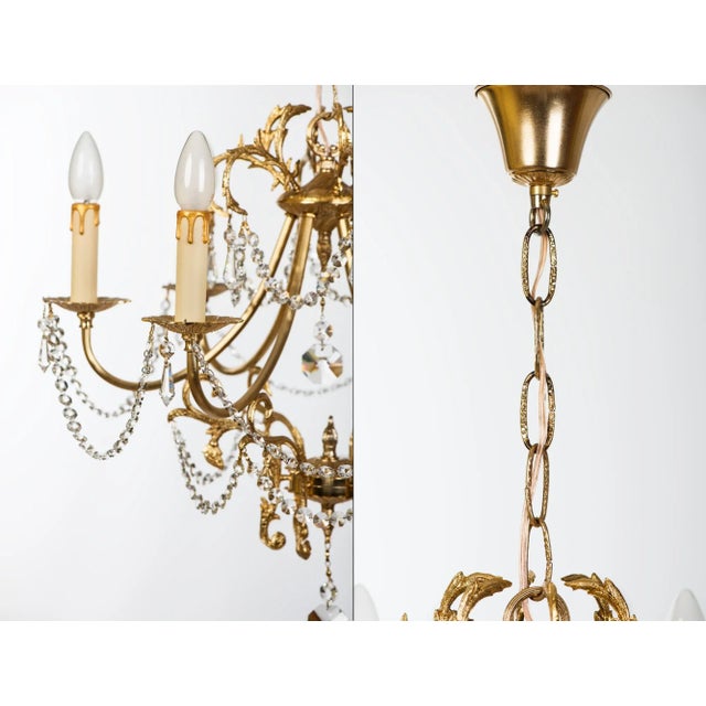 1970s Spanish Hollywood Regency Brass 6-Light Chandelier With Crystals For Sale - Image 4 of 13