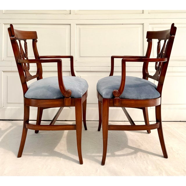 Brown Set of 6 Neoclassical Dining Chairs With Carved Swag Backs, Blue Velvet Upholstery For Sale - Image 8 of 18