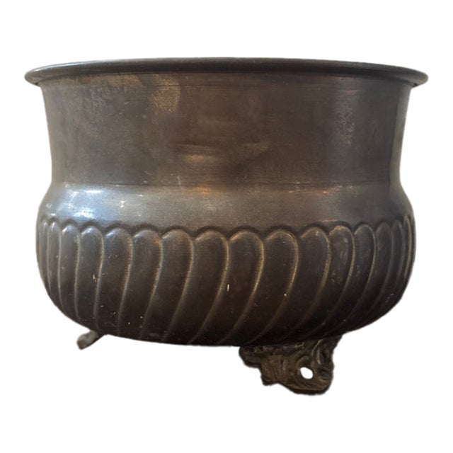 Vintage 1980s Footed Brass Cachepot With Gadrooned Detail For Sale